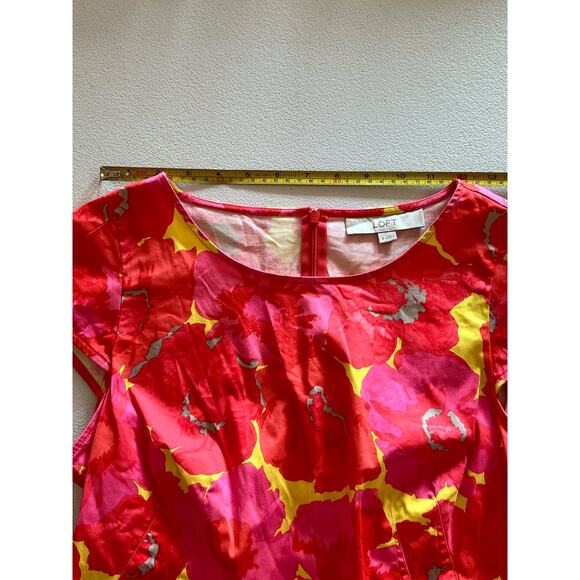 LOFT Floral Print Peplum Cap Sleeve Bright Orange Pink Yellow Top Size 4 - Picture 5 of 8